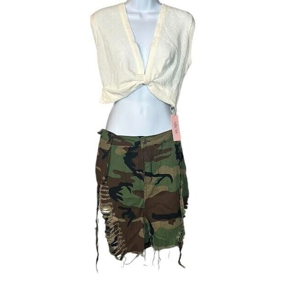 Micas Pants - Micas Shorts Women's Sz XXL Army Olive Camo Destroyed Cargo High Rise Po…